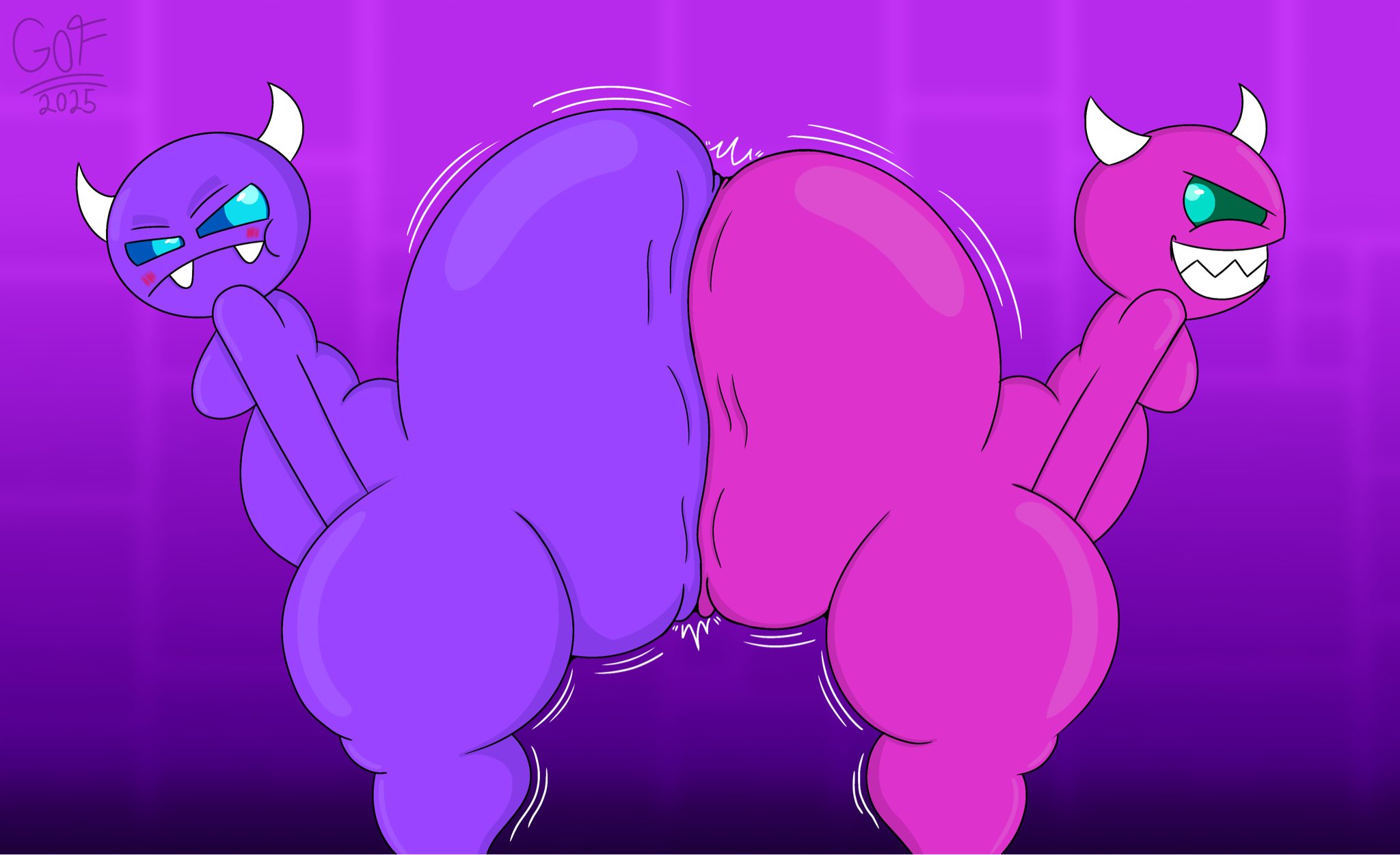 2boys, 2d, artist request, ass, ass focus, ass to ass, beelzebutt (mr otter breath), big ass, big butt, blush, breathotter (fanarts), butt, butt focus, butt to butt, demon, easy demon, gay, geometry dash, grinning, hands on hips, huge ass, huge butt, huge thighs, leviathicc (breathotter), looking back, male, male only, male/male, medium demon, motion lines, no clothes, no genitals, no sex, nonhuman, thick thighs, thighs, wobbling ass