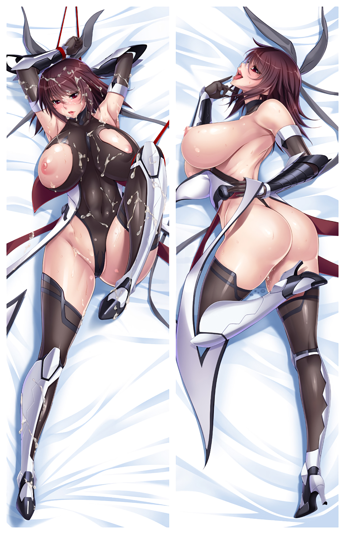 aoi nagisa (metalder), ass, blush, breast cutout, breasts, brown hair, cum, cum on body, cum on face, cum on hair, dakimakura, demon, elbow gloves, female, gloves, huge breasts, leotard, lilith-soft, lipstick, milf, mizuki shiranui, mother, nipple cutout, nipples, official art, red eyes, ribbon, skin tight, succubus, taimanin (series), taimanin yukikaze, thighhighs, thighs, torn clothes