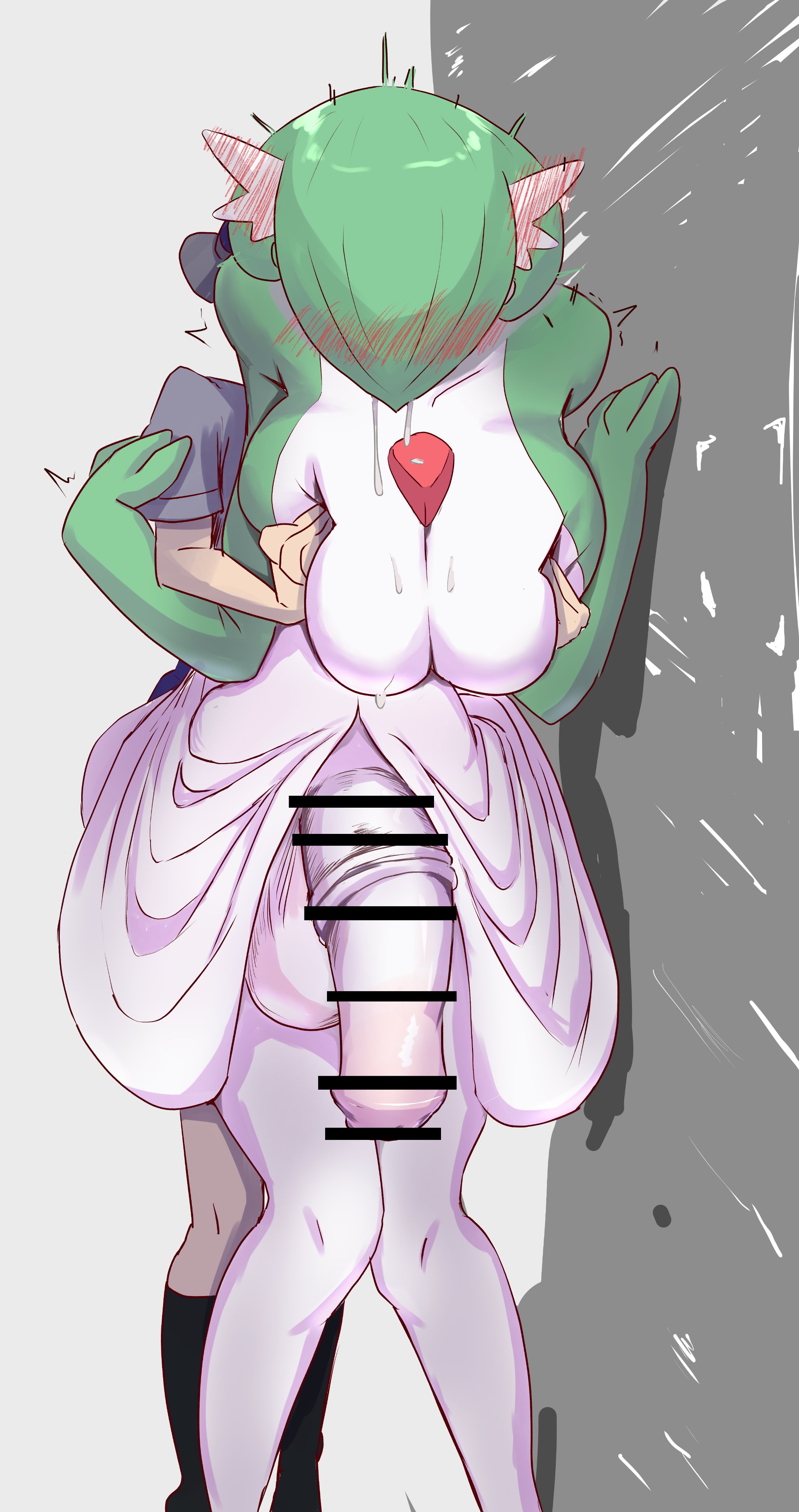 1boy, 1futa, big breasts, big penis, breasts, censored, equine penis, fondling, fondling breast, futanari, gardevoir, green hair, groping, groping breasts, groping from behind, hi res, horsecock, huge cock, human male, intersex, interspecies, large breasts, large penis, larger futa, male, male on futa, nintendo, oki1195, penis, pokemon, pokemon (species), pokephilia, smaller male