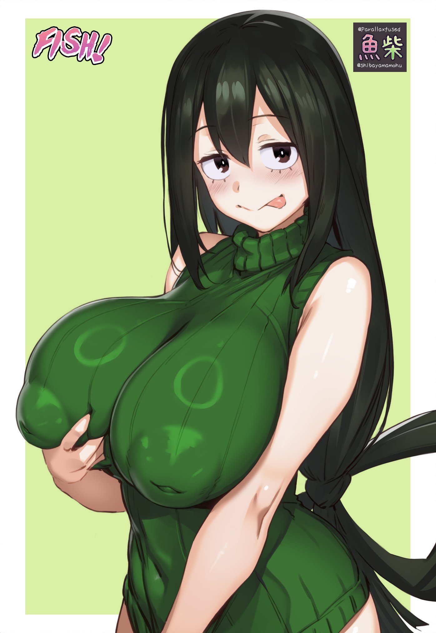 blush, breasts, female, froppy, huge breasts, inverted nipples, nipple bulge, nipple outline, nipples visible through clothing, parallaxfused, puffy areola, shibayamamohu, sweater, tsuyu asui