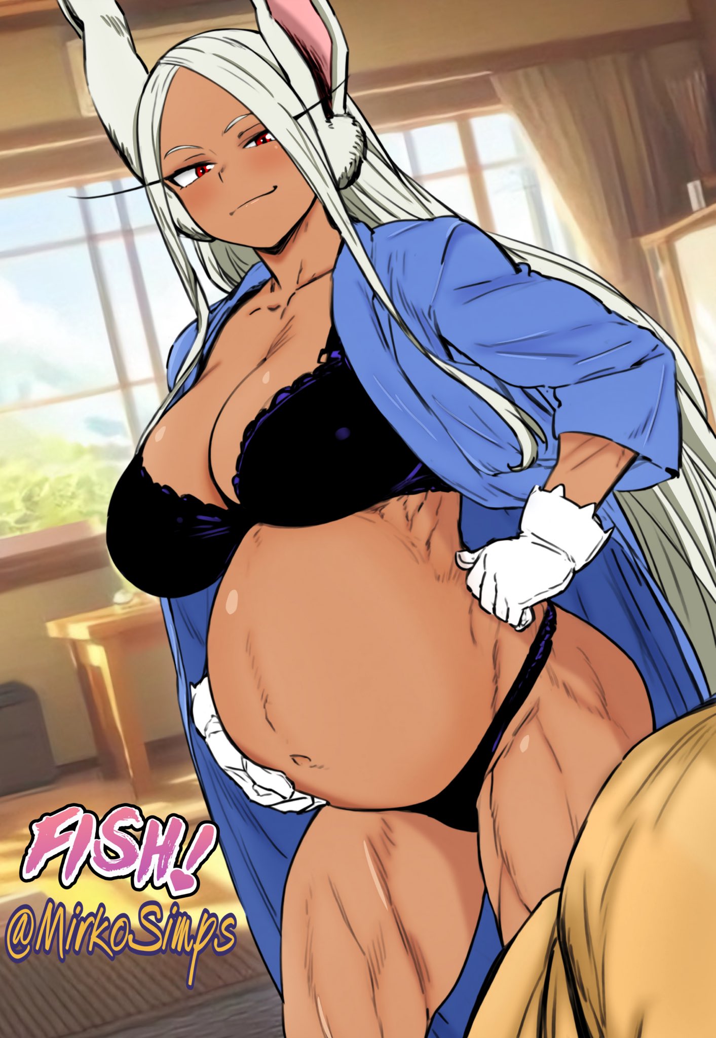 bra, bunny ears, dark-skinned female, female, gloves, lingerie, looking at viewer, mirkosimps, miruko, my hero academia, parallaxfused, pregnant, red eyes, robes, rumi usagiyama, smug, smug face, usagiyama rumi, white hair