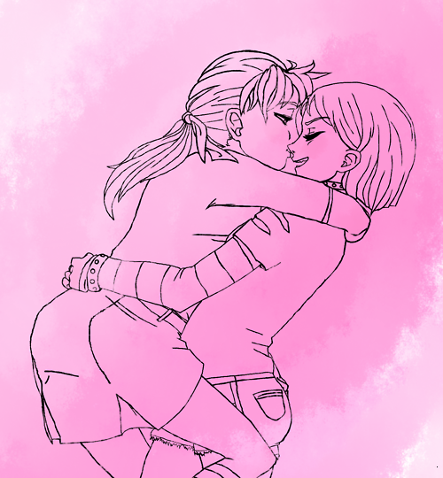 birch_small denim_shorts hair_ribbon hugging kiss_on_nose kneehighs lifting_person long_sleeves miniskirt my_life_me pink_background ponytail sandra_le_blanc short_hair short_sleeves spiked_bracelet spiked_collar yuri