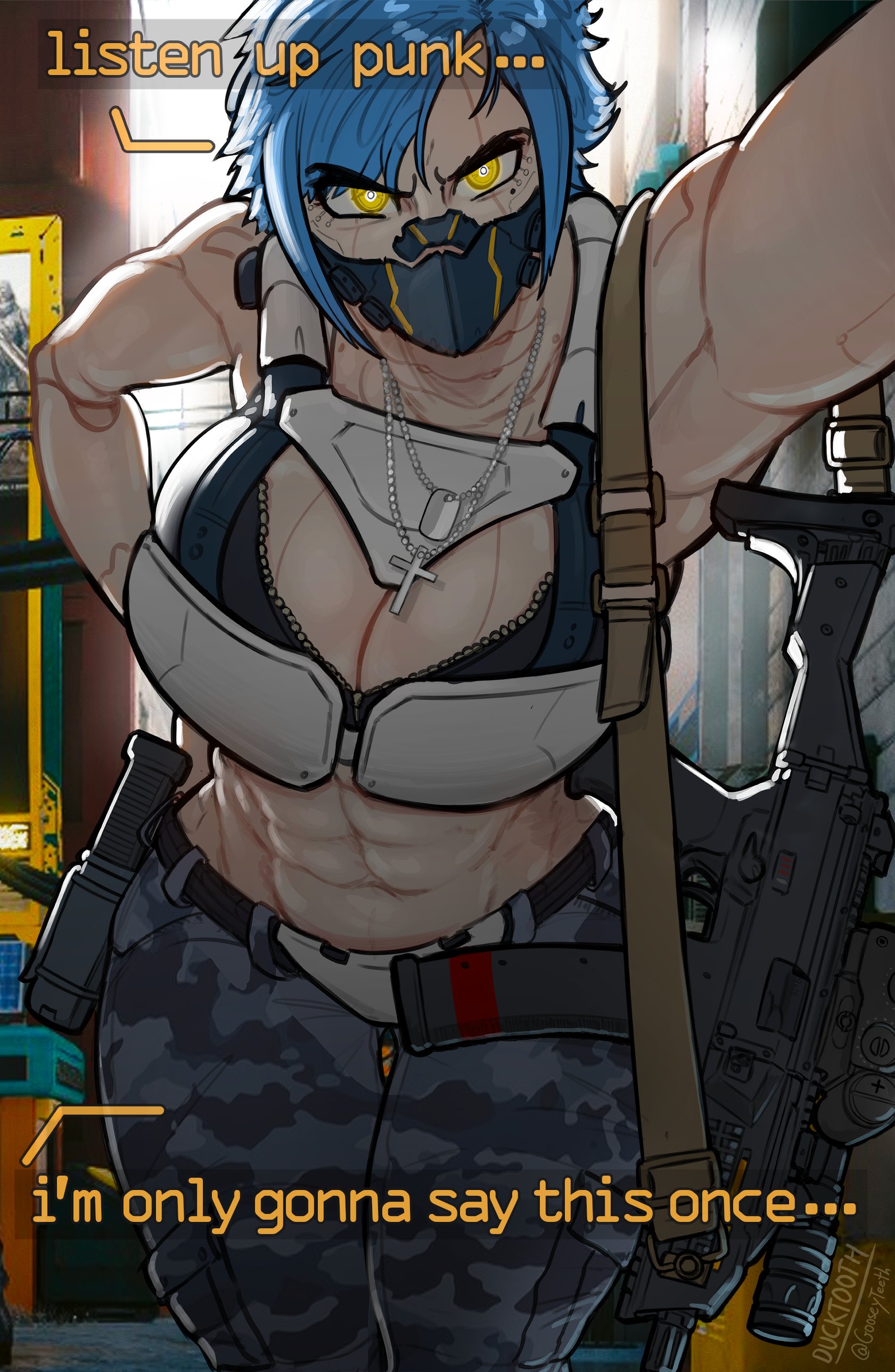 abs, anais (arthur stirling), athletic, athletic female, big breasts, blue hair, breasts, caption, cleavage, female, female focus, female only, gooseyteeth, kabedon, kabedon on viewer, masked, masked female, muscular, muscular female, muscular thighs, necklace, oc, original character, pov, short hair, text, thick, thick thighs