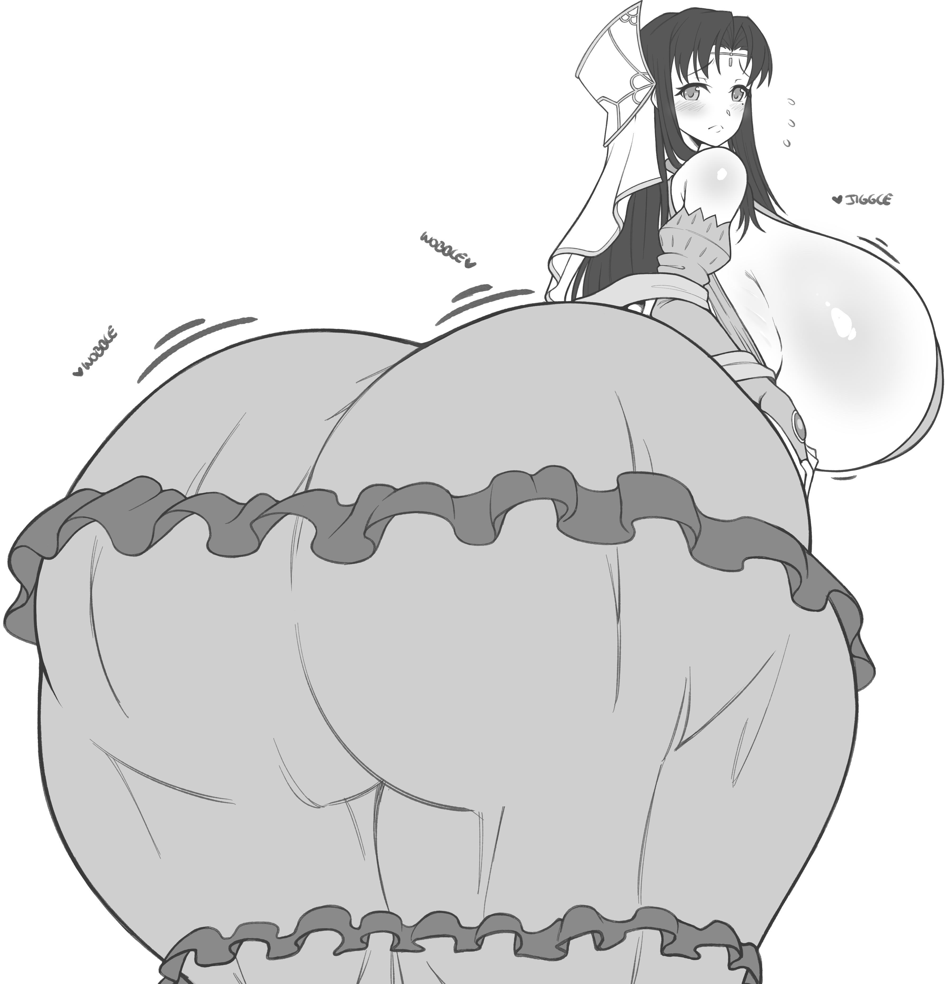 1girls, anal, ass, ass bigger than head, ass focus, backboob, bottomwear, breasts, breasts bigger than head, breasts out, casual nudity, clothed, clothed female, clothing, deep penetration, female, female focus, female only, fucked through clothes, fucked through dress, fucked through skirt, huge ass, huge breasts, hyper ass, hyper breasts, kyonyuu fantasy, looking at viewer, looking back, monochrome, penetration, penetration through clothes, roxanne de desir, simple background, sole female, solo, solo female, solo focus, thanuki, topless, white background