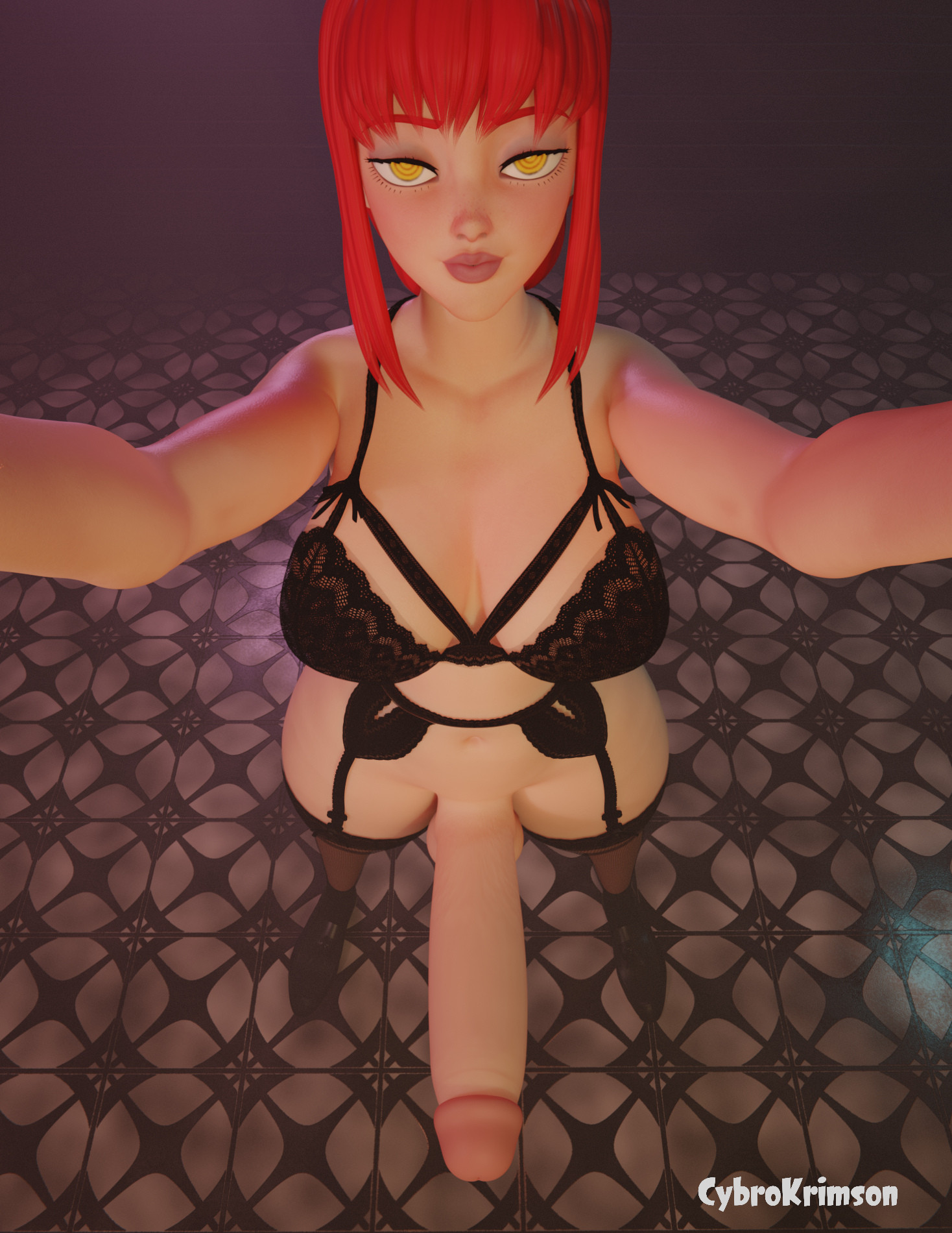 1futa, 3d, big breasts, big penis, blender, breasts, chainsaw man, cock pointing towards viewer, cybrokrimson, futa only, futanari, grabbing viewer, holding viewer, intersex, looking at viewer, makima (chainsaw man), penis, penis pointing toward viewer, penis towards viewer, presenting, presenting penis, red hair, submissive pov, taker pov, thick thighs, yellow eyes