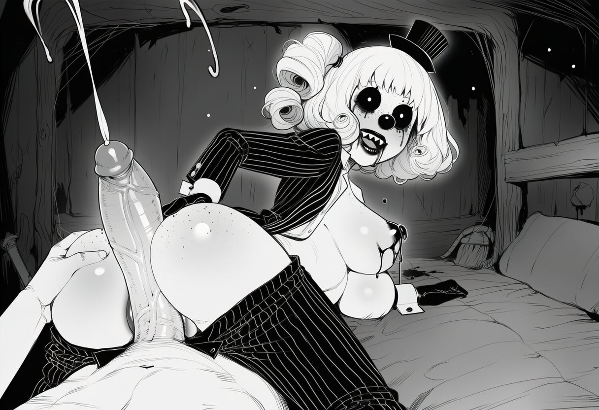 1boy, 1girls, ai generated, assjob, athletic female, balls, black and white, breasts, buttjob, clowie (paigen), clown, clown girl, clown nose, cum, curled hair, curly hair, dot eyes, ejaculation, female, freckles, gloves, hand on ass, hat, horror, horror (theme), human, human penetrating, large breasts, leaking nipples, light-skinned male, looking at viewer, looking back, looking back at viewer, male, medium hair, mime, mime girl, monochrome, monster girl, nipples, open clothes, original, original character, paigen, pants, penis, pin stripes, pov, pussy, ringmaster, running makeup, sharp teeth, shirt, side ponytail, skinny, striped suit, white eyes, white hair