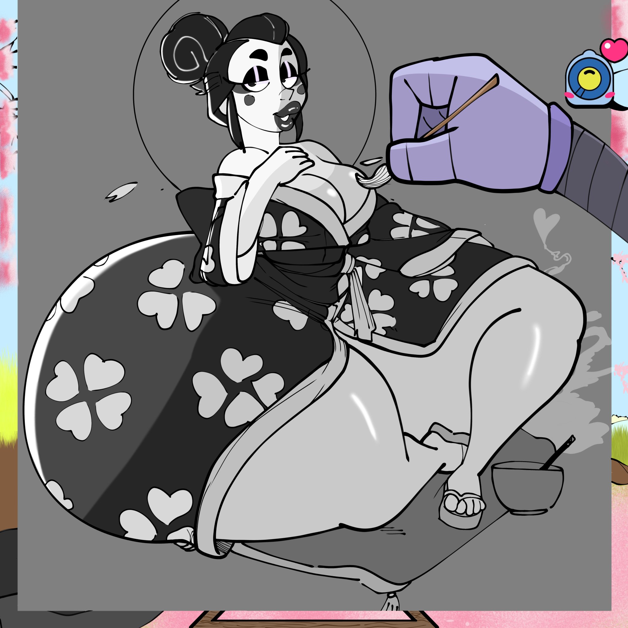 ass, black and white, brawl stars, color, colored, coloring page, darktails84829, drawing, elpiromanias, fat butt, geisha, happy, huge ass, japanese, japanese clothes, japanese clothing, kimono, painting, piper (brawl stars), rico (brawl stars), smirk, thicker than a bowl of oatmeal, tight clothing
