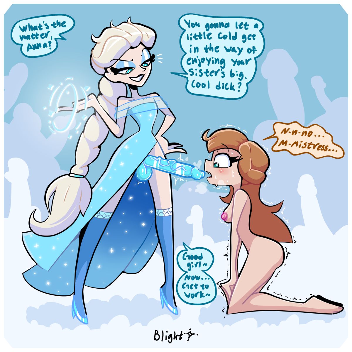 1futa, 1girls, anna (frozen), balls, blightstar, breasts, clothed, clothed futa, clothed futa nude female, clothing, dialogue, disney, dress, elsa (frozen), english text, erection, female, frozen (film), futa on female, futa/female, futanari, huge cock, imminent sex, incest, intersex, long hair, looking at penis, looking at viewer, open mouth, orange hair, penis, penis awe, sisters, small breasts, smile, smiling, speech bubble, stockings, testicles, text, trembling, vein, veins, veiny, veiny penis, white hair