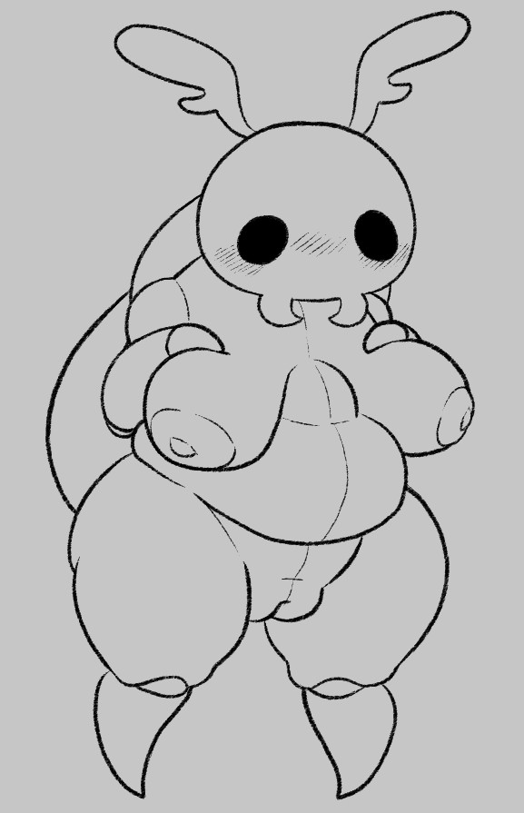 1girls, 2025, absurdres, antennae, areolae, barefoot, beetle, big breasts, blush, breasts, bretta (hollow knight), cleavage, completely nude, female, female only, full body, grey body, grey skin, heart, hollow knight, lewdydoodls, naked, naked female, nude, nude female, solo, solo female, thick thighs, thighs