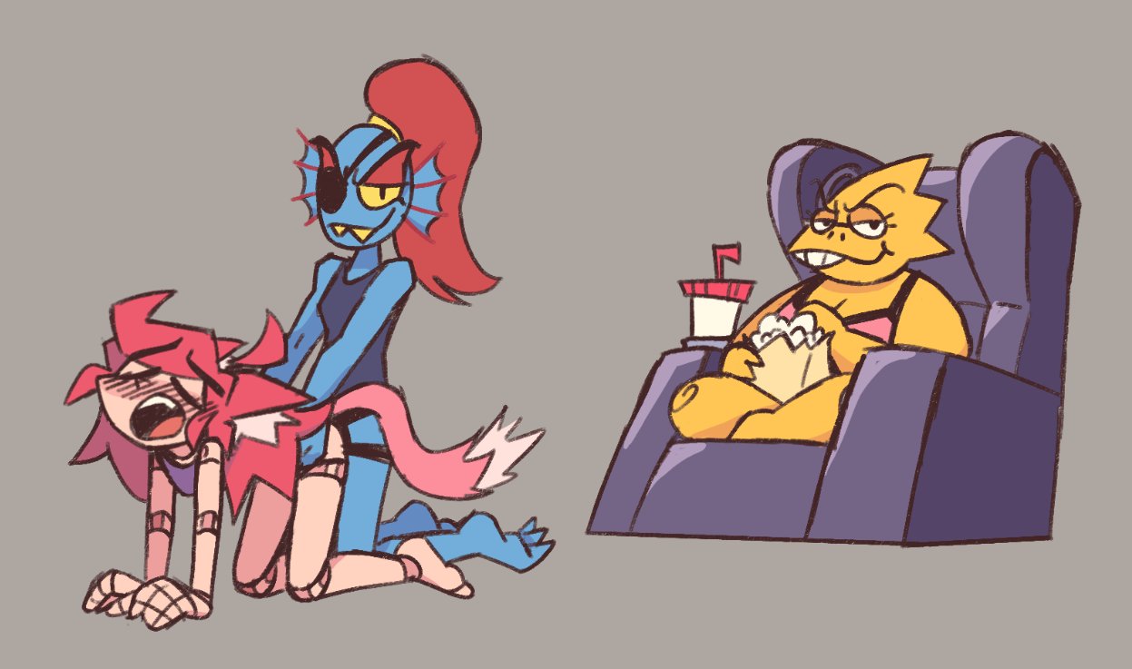 3girls, aboredsnek, all fours, alphys, blue skin, blush, bottomless, cat ears, cat girl, cat tail, catgirl, chubby, cuck chair, cuck chair (meme), cuckold, cuckquean, doll, doll joints, eyepatch, fangs, female, fins, fish, fish girl, looking at viewer, mad mew mew, pale skin, pink hair, pleasure face, polyamory, ponytail, red hair, reptile, reptile humanoid, sitting, slim, smug, strap-on, strapon, undertale, undyne, yellow body, yellow eyes
