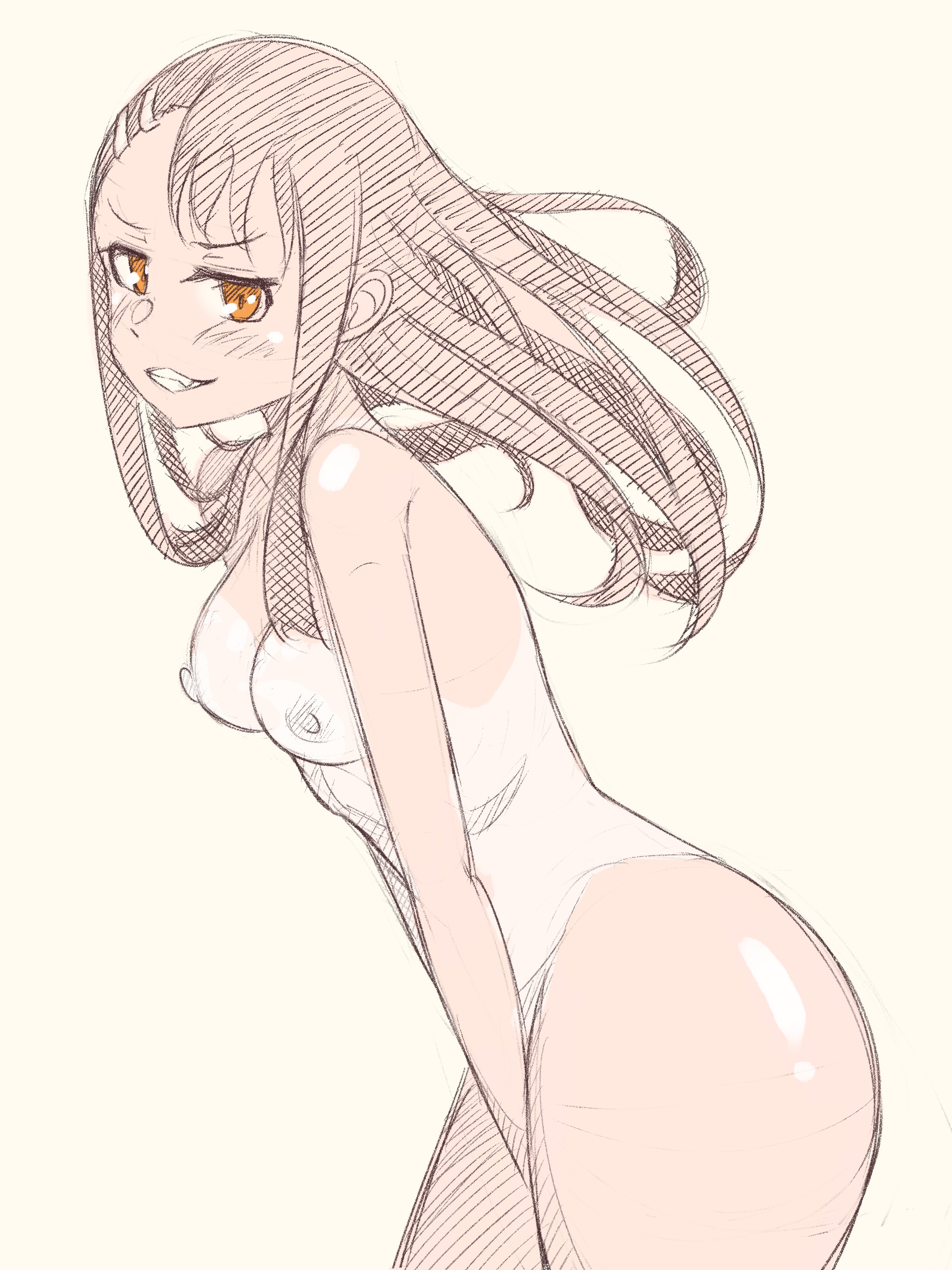 1girls, asymmetrical hair, black hair, breasts, female, hair ornament, hairclip, hayase nagatoro, long hair, madabauillust, naked, naked female, orange eyes, please don't bully me, nagatoro, simple background, small breasts, tagme, tan, tan body, tan skin, tanline, thick thighs, thighs