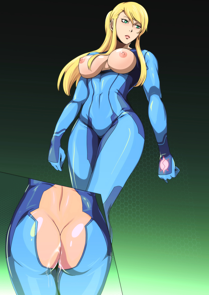 ass, ass crack, blonde hair, breasts, butt crack, exposed ass, exposed breasts, female, female only, green eyes, gureko rouman, highres, hips, human, legs, long hair, looking away, metroid, mole, nintendo, nipples, ponytail, pussy, pussy juice, revealing clothes, samus aran, simple background, solo, standing, thighs, tied hair, zero suit, zero suit samus