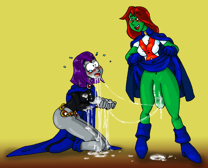 dc dc_comics dcau earth_16 forehead_jewel futa_on_female futanari green_skin intersex medium_breasts miss_martian purple_eyes purple_hair rachel_roth raven_(dc) red_hair smooth_skin teen_titans tyucan young_justice