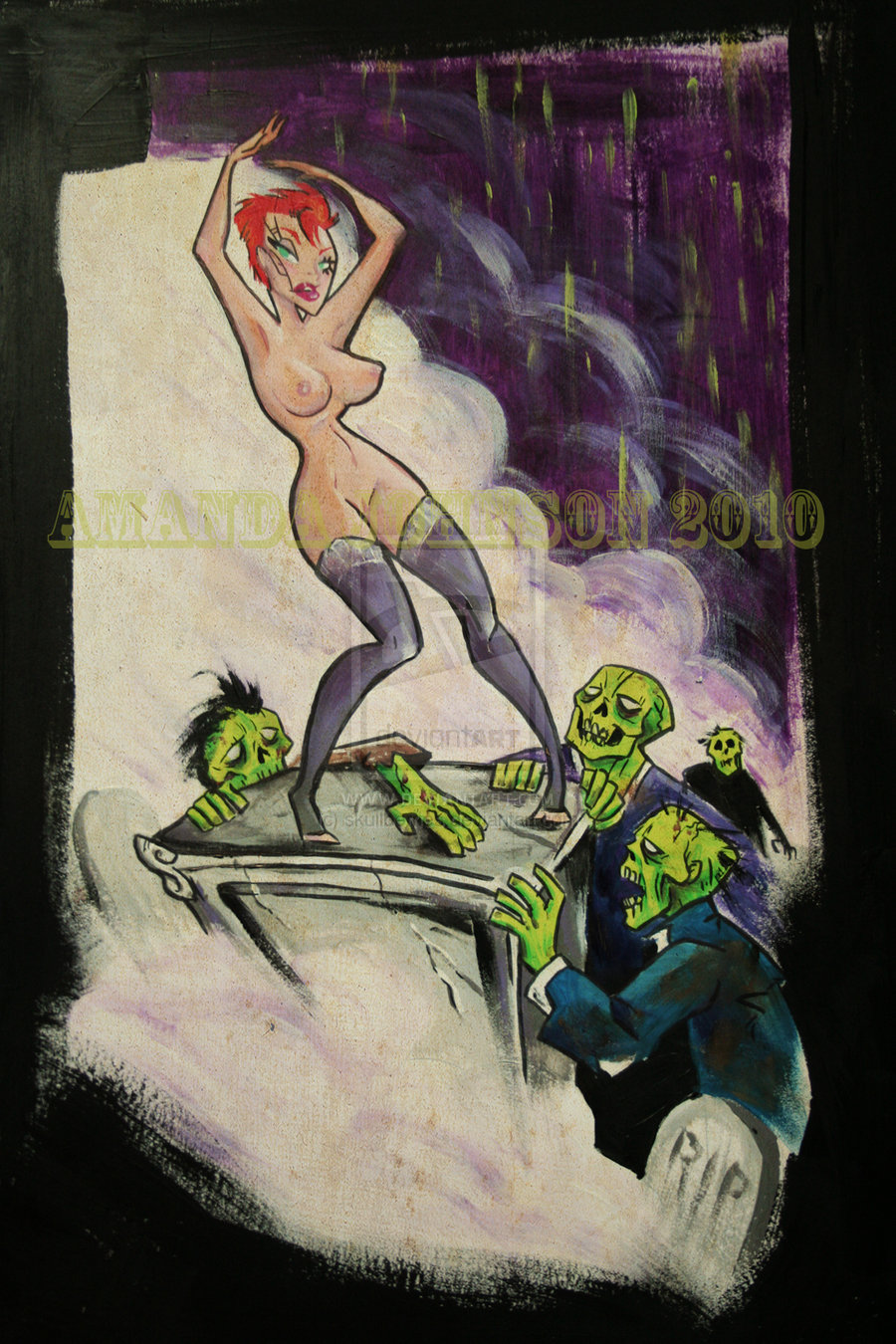 10s 1girls 2010 4boys breasts clothed_male_nude_female full_body graveyard nipples return_of_the_living_dead standing tagme traditional_art trash_(rotld) uncensored vulva zombie