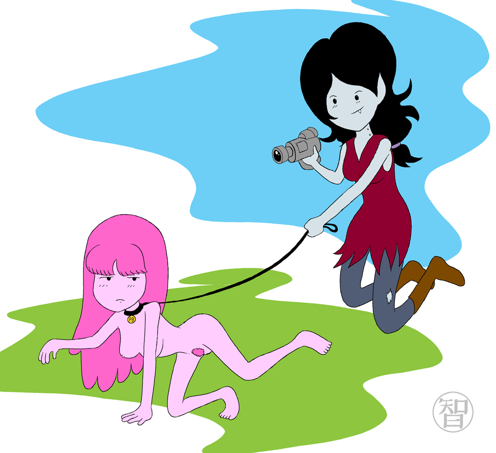 adventure_time all_fours barefoot_on_grass bitch_taken_for_walk blue_background camera casual_nudity coldfusion collar dog_tag femsub filming green_background leash marceline nonsexual_nudity nude pet_play princess_bubblegum recording tagme unshaved_pussy white_background