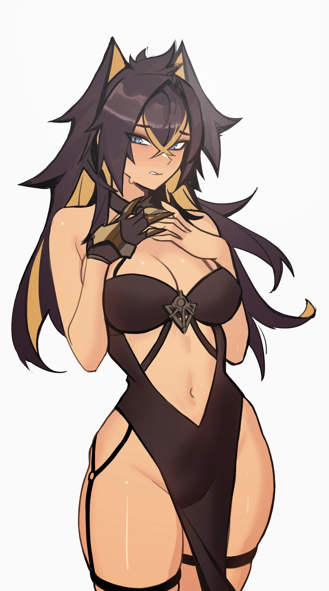 1girls, animal ears, belly button, blue eyes, blush, dark skin, dark-skinned female, dehya (genshin impact), embarrassed, female, female only, genshin impact, hair between eyes, ninra, simple background, solo, white background