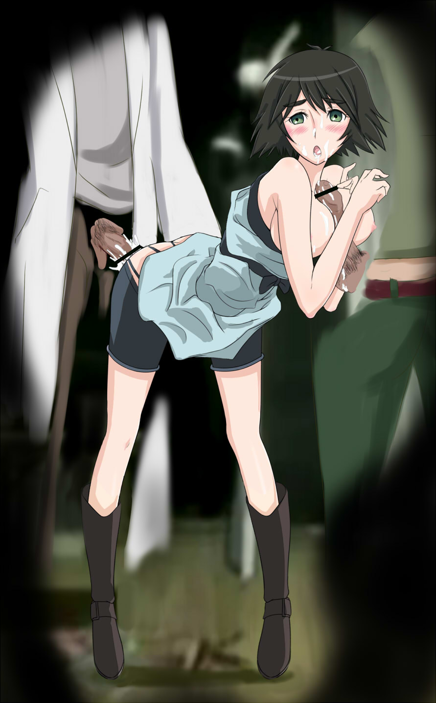 black_hair blush boots breasts clothed hair hashida_itaru large_breasts okabe_rintarou pubic_hair sex shiina_mayuri short_hair steins;gate