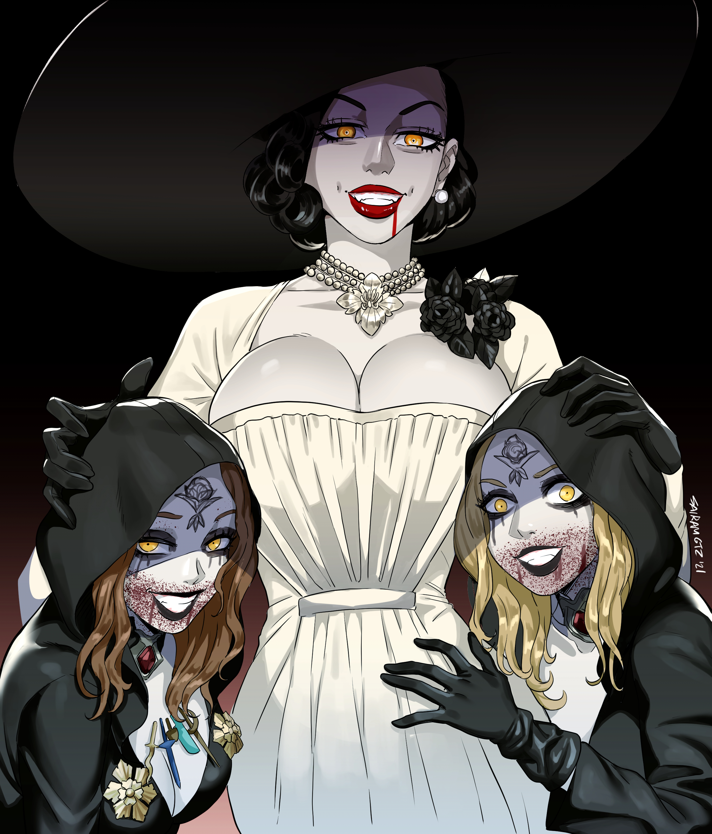 3girls, alcina dimitrescu, bela (resident evil), black hair, blonde hair, blood, breasts, busty, capcom, cleavage, daniela (resident evil), dress, female, female only, gloves, hat, light skin, light-skinned female, lipstick, looking at viewer, multiple females, multiple girls, pale skin, pale-skinned female, red lipstick, resident evil, resident evil 8: village, sairam gutierrez, size difference, smile, yellow eyes