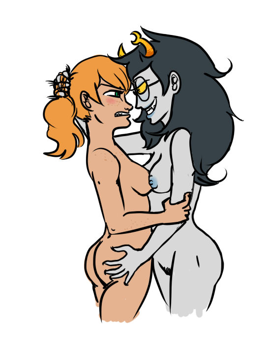 2girls ass ass_grab black_hair blonde_hair blue_nipples blush breasts crossover female glasses green_eyes grey_skin hair_grab homestuck horns long_hair ms_paint_adventures multiple_girls my_life_me naked nipples pubic_hair pussy sandra_le_blanc sharp_teeth short_hair smile tan_skin troll vriska_serket white_background yellow_eyes yuri