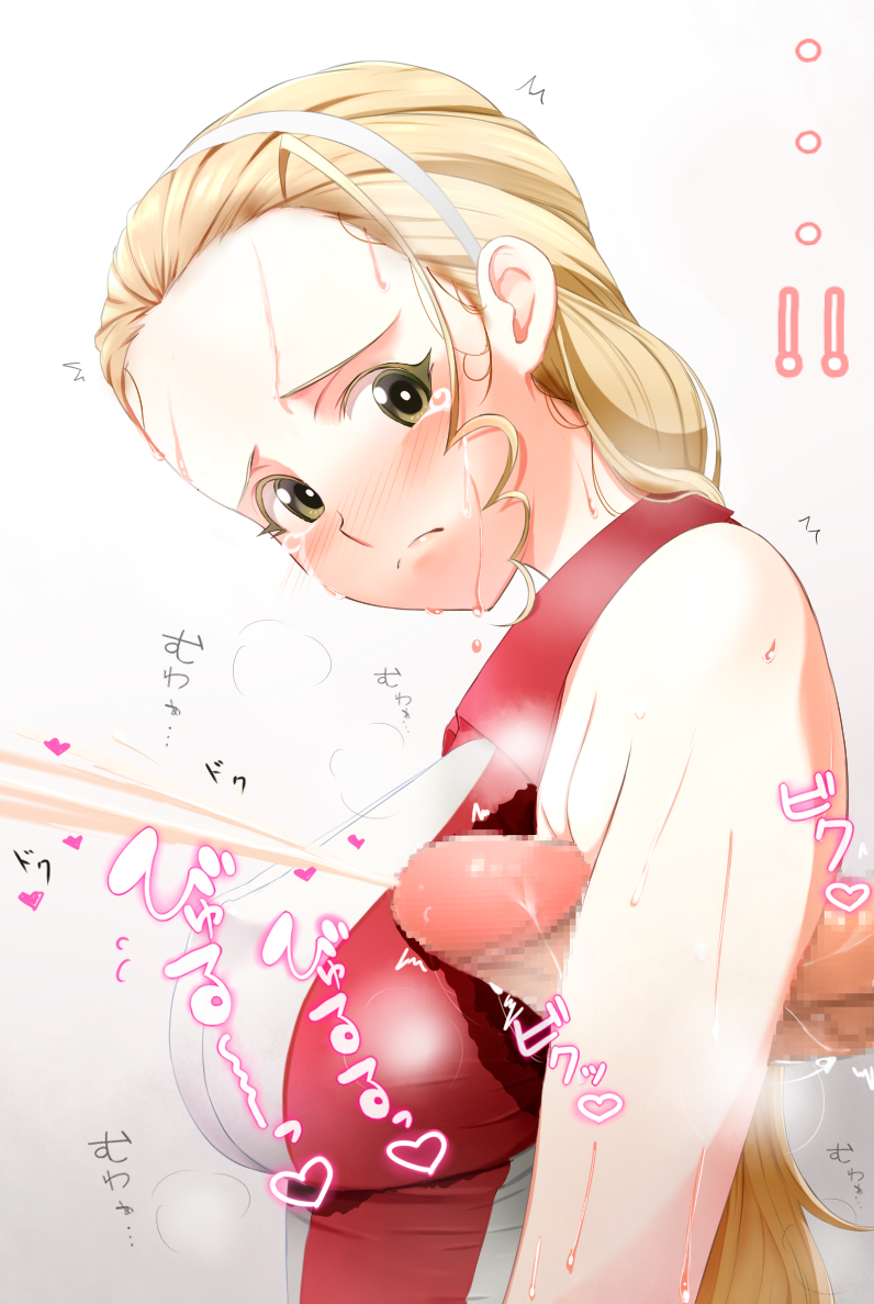 1boy armpit_sex blonde_hair blush breasts censored cum erect_nipples female girls_und_panzer green_eyes large_breasts nipples outercourse penis sasaki_akebi tears text translation_request