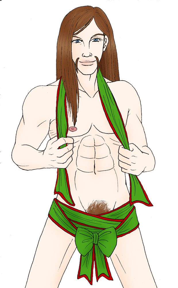 abs blue_eyes brown_hair long_hair long_hair_male looking_at_viewer male metalocalypse moustache muscular muscular_male nipples pubic_hair ribbon simple_background toki_wartooth white_background