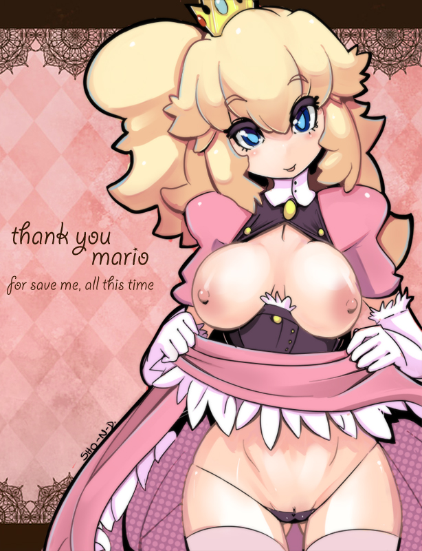 blonde_hair blue_eyes blush breasts cameltoe crown dress_lift english_text female hair long_hair mario_(series) nintendo nipples open_clothes panties princess_peach pussy sho-n-d smile solo text