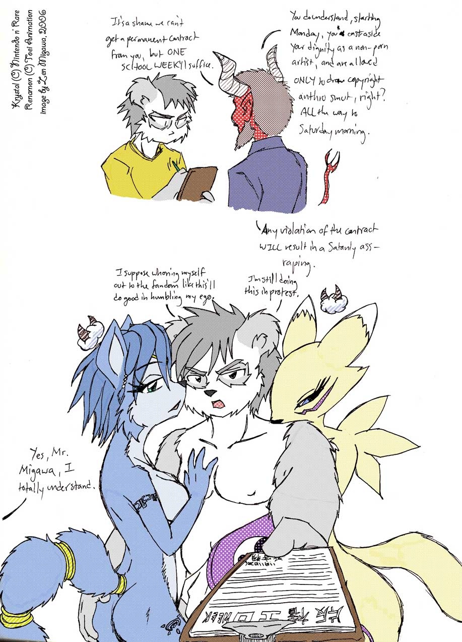 anthro ass ass_grab blue_fur clothes color contract crossover dialog digimon english_text female fox fur furry furry_ass furry_tail grey_fur horns interspecies krystal male multiple_females multiple_males nude renamon satan star_fox tail text white_fur zenmigawa