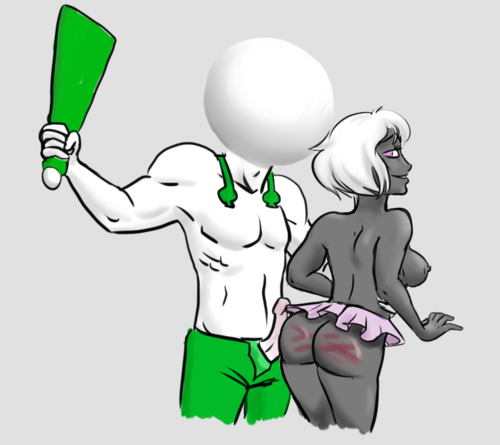 1boy 1girls boxers doc_scratch grimdark homestuck looking_back ms_paint_adventures muscular no_face paddle penis pink_eyes rose_lalonde sharona short_hair skirt spanking straight white_background white_hair