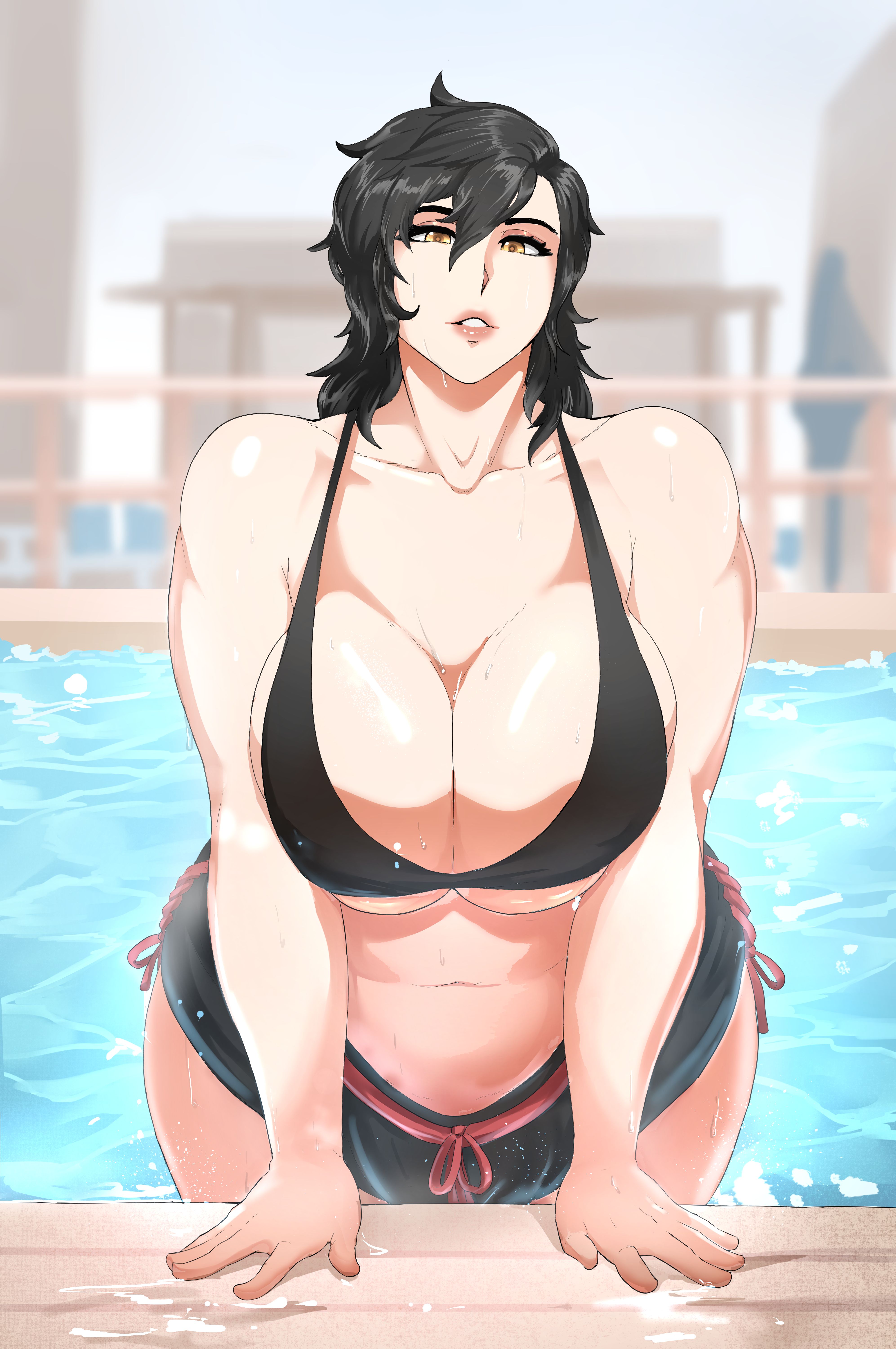 1girls, black hair, breasts, brown eyes, cleavage, curvy, donaught, female, female only, huge breasts, looking at viewer, navel, parted lips, plump, pool, smile, solo, wide hips