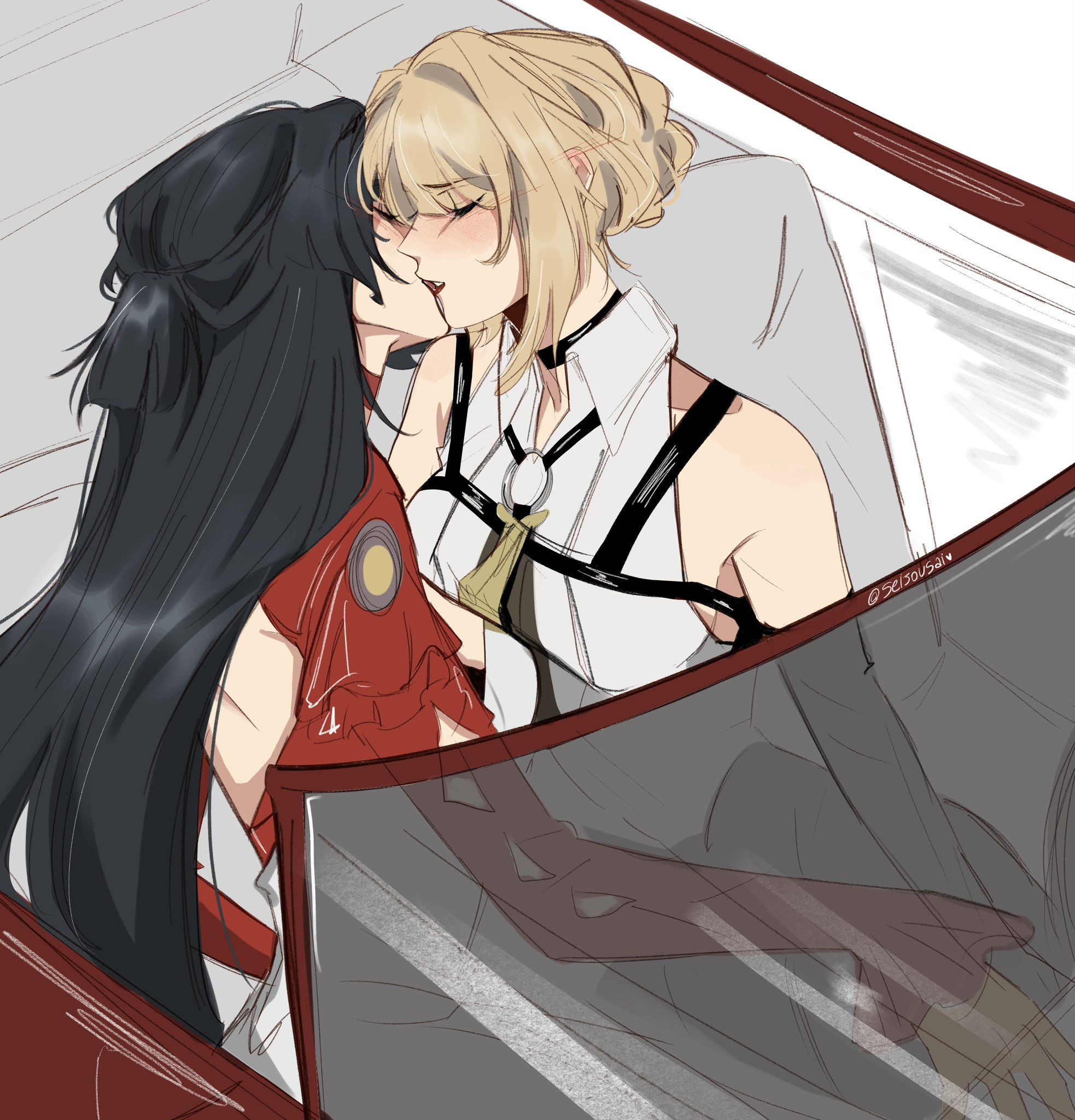 2girls, astra yao, black hair, blonde hair, blush, car, clothed, evelyn chevalier, female, hoyoverse, kissing, light skin, light-skinned female, mihoyo, mihoyo technology (shanghai) co. ltd., seijousai, stars of lyra, watermark, yuri, zenless zone zero