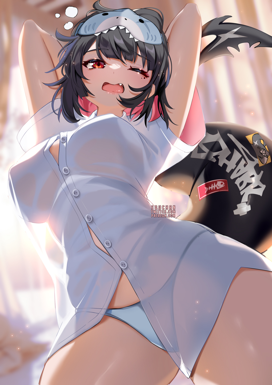 1girls big_breasts black_hair breasts button_down_shirt ellen_joe panties see-through_clothing shark_tail slim_waist squchan tagme thick_thighs waking_up wide_hips yawn zenless_zone_zero