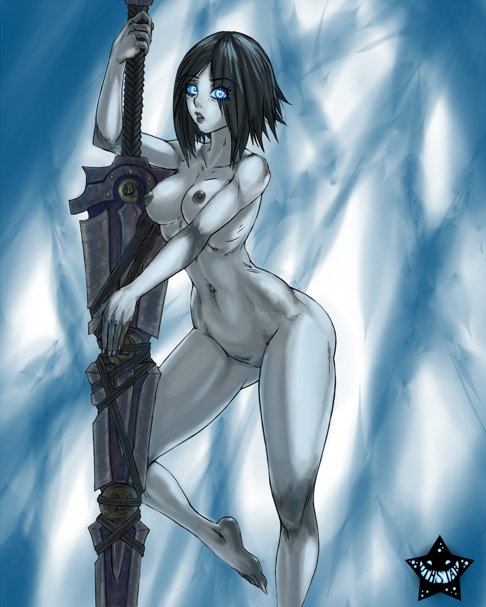 black_hair blue_eyes breasts female nipples nude sword undead uthstar01 weapon world_of_warcraft