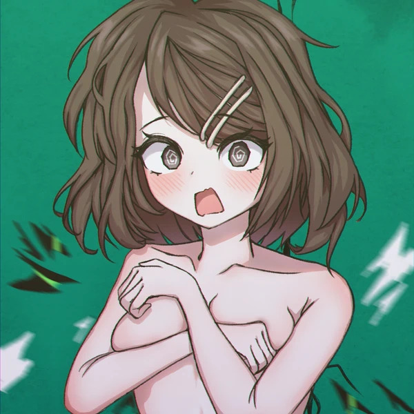 1girls, angled umbrella, blush, breasts, brown eyes, brown hair, covering, embarrassed, embarrassed nude female, female, limbus company, looking at viewer, nude, open mouth, project moon, shocked, short hair, shrenne, small breasts, solo, standing, swirly eyes