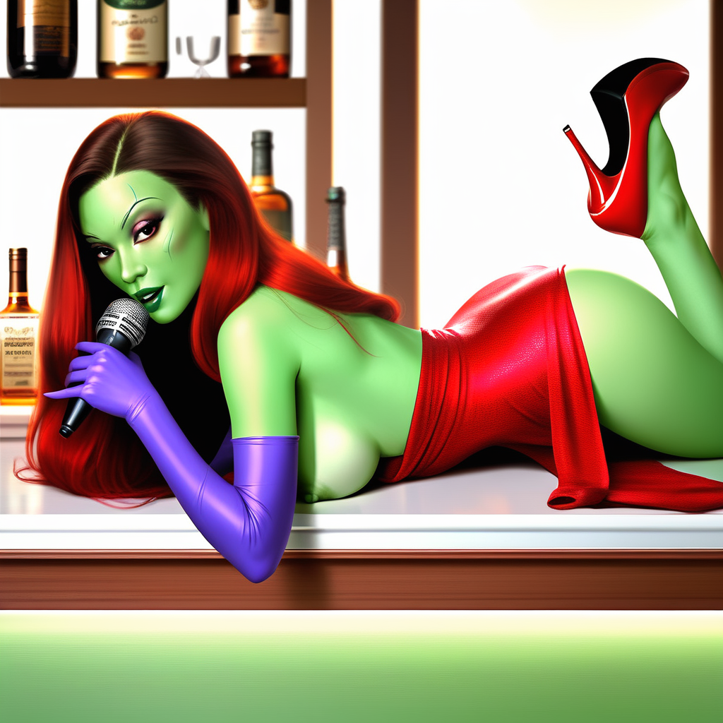 1girls ai_generated areola ass bare_back bare_shoulders black_eyes black_hair bottle breasts breasts_out cosplay disney female gamora green_lips green_skin guardians_of_the_galaxy half-dressed half_naked high_heels holding_object jessica_rabbit_(cosplay) leg_up long_hair looking_at_viewer lying_down lying_on_counter marvel marvel_cinematic_universe marvel_comics microphone nipples purple_gloves red_dress red_hair red_shoes seductive solo solo_female solo_focus stiletto_heels thighs topless topless_female whiskey who_framed_roger_rabbit