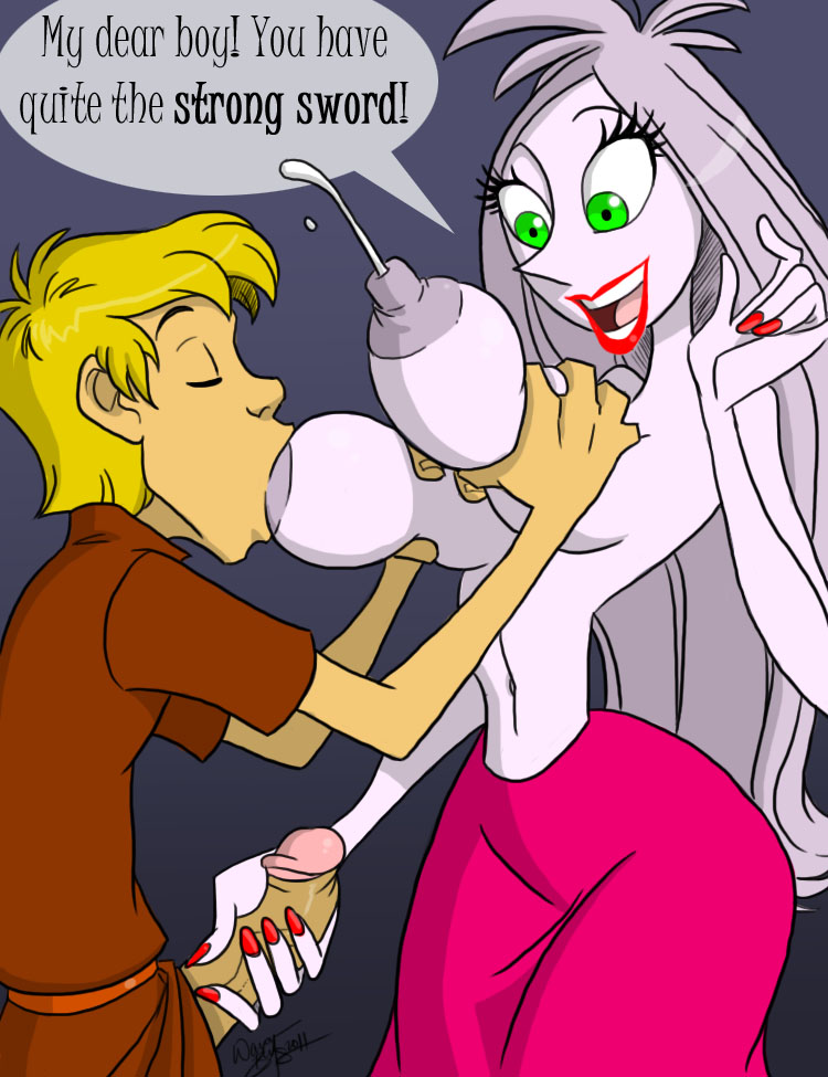 1boy 1boy1girl 1girls aeolus06 age_difference areola arthur_(sword_in_the_stone) arthur_pendragon arthurian_legends artist_signature big_breasts breast_sucking breastfeeding breasts closed_eyes disney disney_villains english english_text erect_nipple erect_nipples gilf green_eyes grey_background handjob lactation long_hair madam_mim mature_female nipples older_female open_mouth pale-skinned_female pale_skin penis smile smiling speech_bubble text the_sword_in_the_stone topless topless_female younger_male