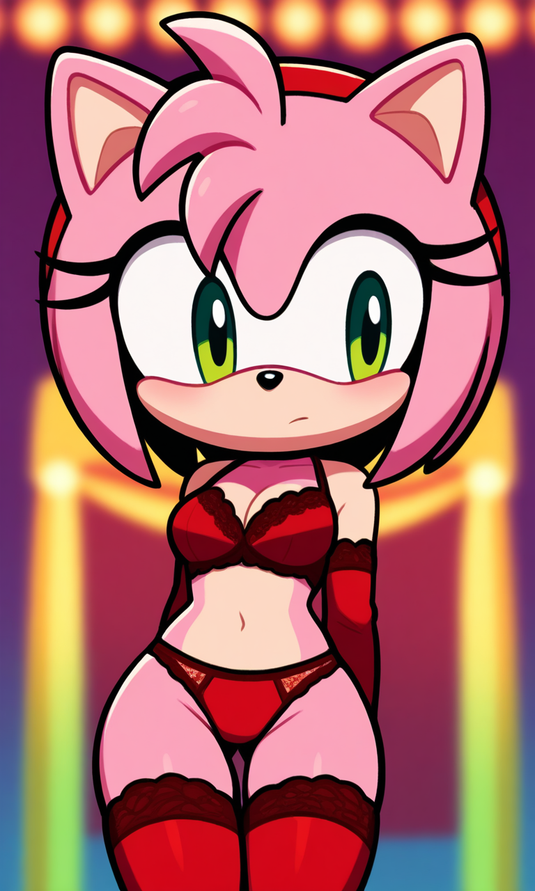 ai_generated amy_rose armwear female female_only legwear lingerie pixai red_armwear red_legwear red_lingerie red_thighhighs small_breasts sonic_(series) sonic_the_hedgehog_(series) thighhighs wide_hips