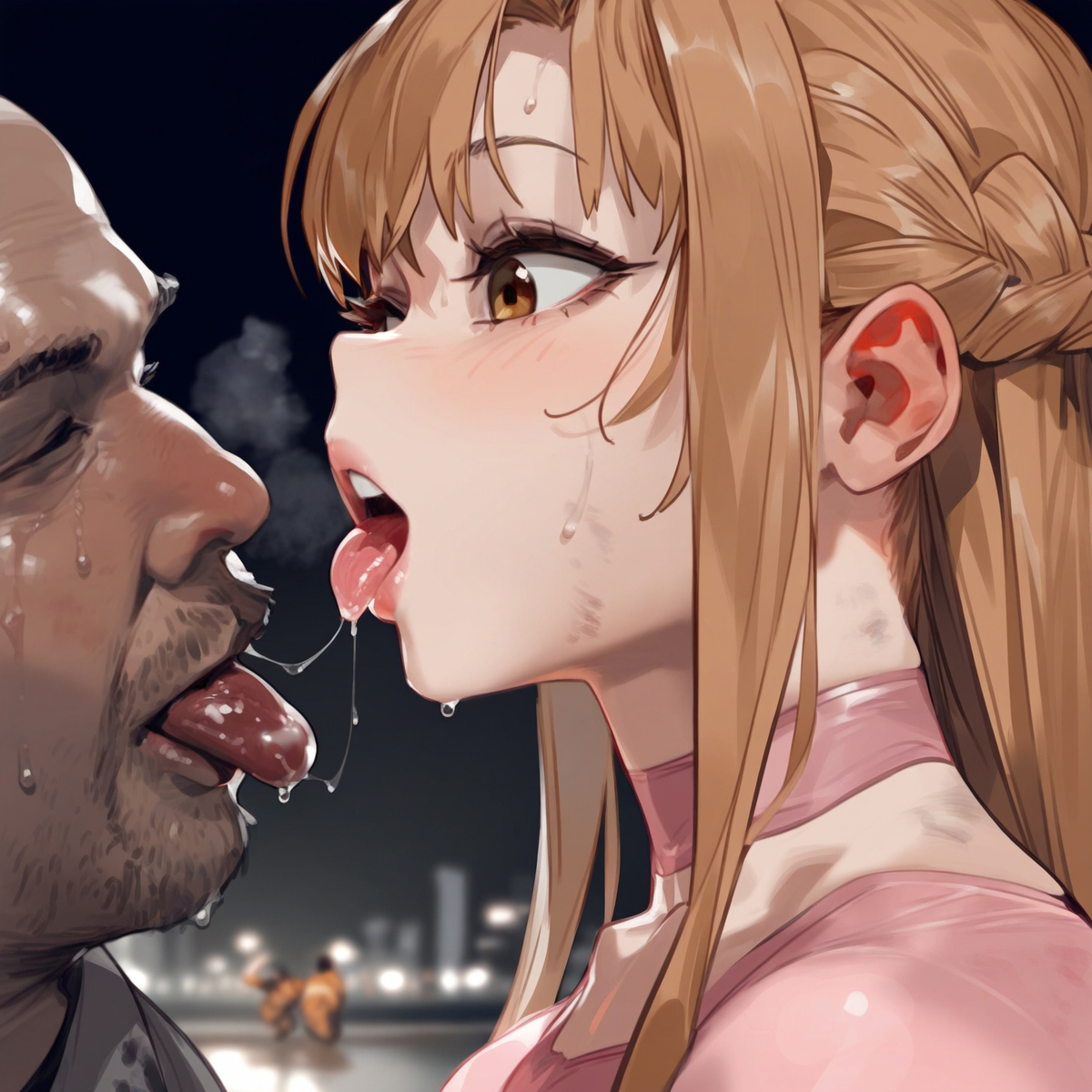 1boy, 1girls, ai generated, blush, braid, brown eyes, brown hair, cheating, cheating girlfriend, clothed, female, kissing, male, netorare, ntr, old male, older male, older male and younger female, outdoors, outside, saliva, saliva drip, saliva on tongue, saliva string, saliva trail, sweat, sword art online, tongue, tongue kiss, tongue out, ugly bastard, yuuki asuna
