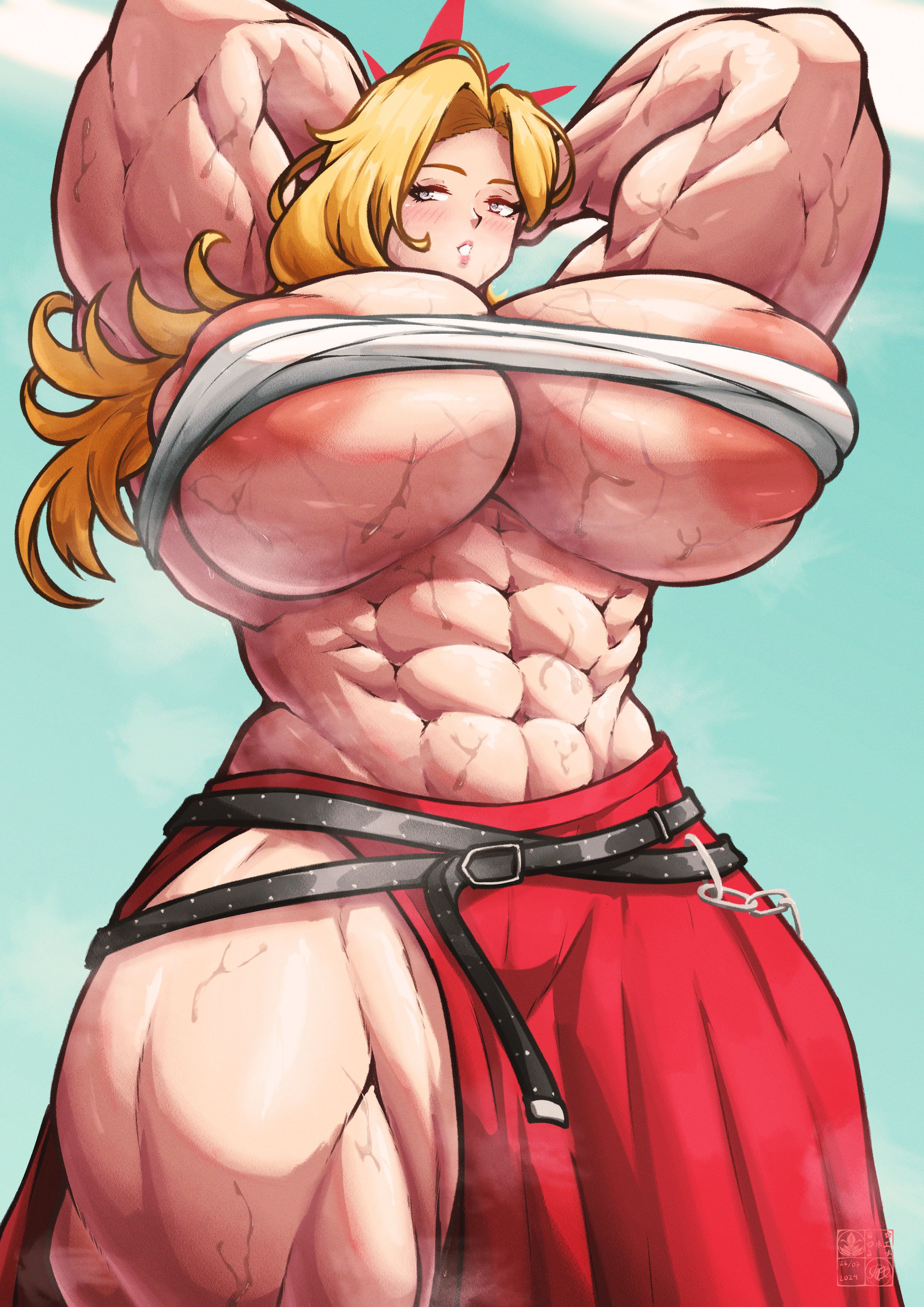 abs, akemi (blue archive), areola peek, areola slip, areolae peeking, areolae slip, arms behind head, blue archive, breasts, female, hyper breasts, muscular, muscular female, roneesan
