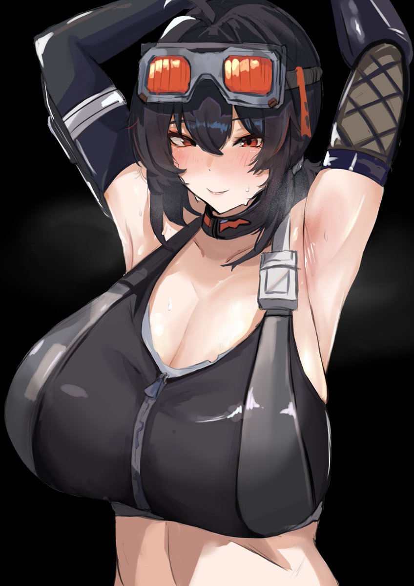 1girls armpits black_hair blush choker clothed female_only goggles grace_howard huge_breasts machan orange_eyes smile stretching sweat zenless_zone_zero