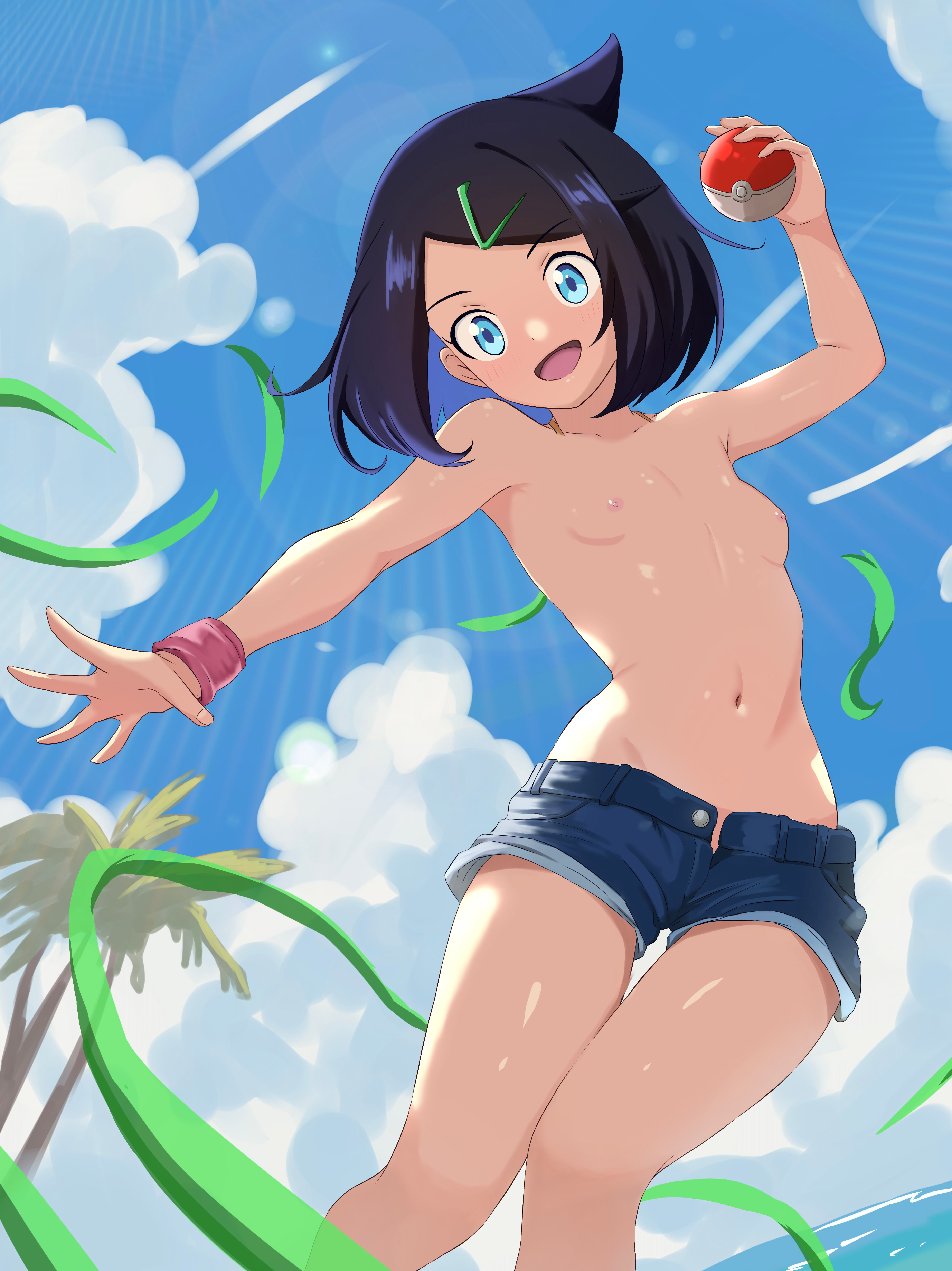 1girls, beach, blue hair, breasts, denim, denim shorts, female, female human, female only, human, human girl, liko (pokemon), nude, outdoors, palm, pokeball, pokemon, pokemon horizons, sea, short shorts, shorts, sky, small breasts, solo, tagme