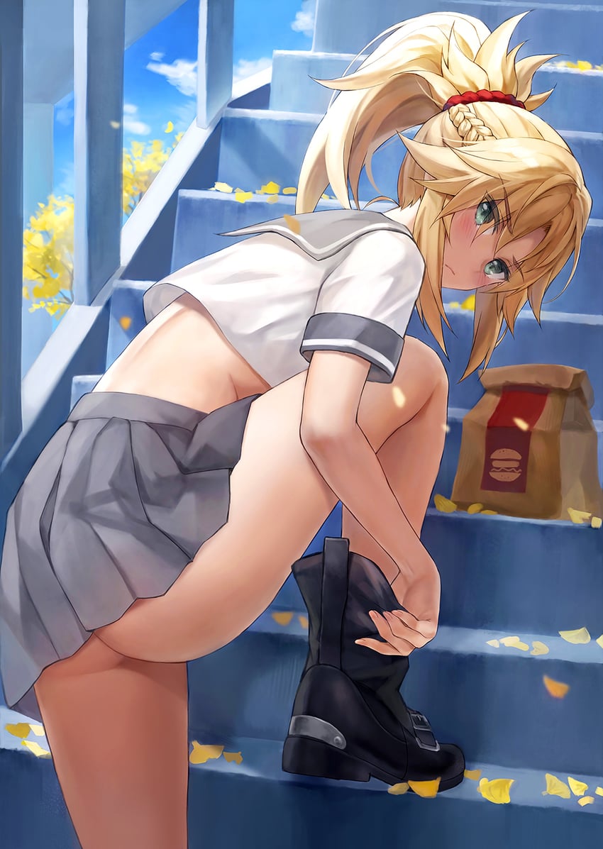 1girls adjusting_footwear ass bag bare_legs belt black_footwear blonde_hair blush boots braid breasts crop_top fate_(series) foot_out_of_frame french_braid green_eyes grey_skirt knee_up legs long_hair looking_at_viewer looking_back looking_to_the_side midriff miniskirt mordred_(fate) outdoors paper_bag parted_bangs pleated_skirt ponytail red_scrunchie sailor_collar school_uniform scrunchie serafuku sidelocks skirt small_breasts solo stairs thighs tonee