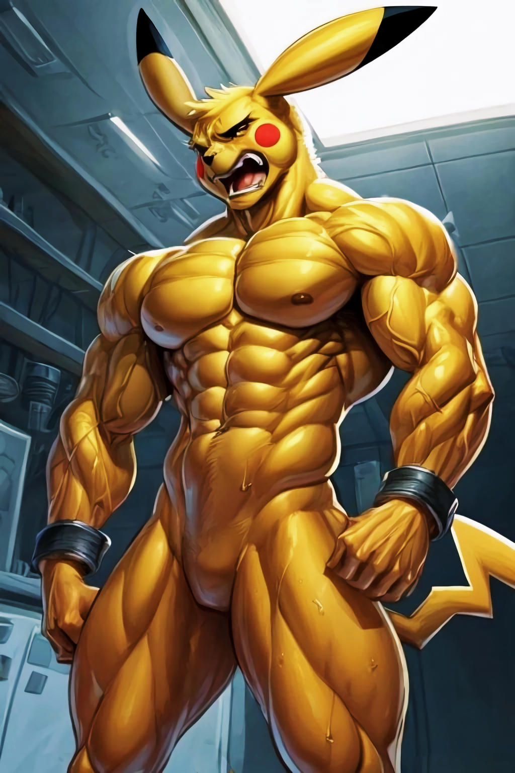 abs ai_generated anthro athletic athletic_anthro athletic_male biceps big_muscles bondage bound fur generation_1_pokemon growth male male_focus male_only muscle_growth muscular muscular_anthro muscular_arms muscular_male muscular_thighs navel nipples nude pecs pikachu pokemon pokemon_(species) restraints screaming solo standing steroids transformation triceps veiny_arms veiny_biceps veiny_muscles veiny_triceps yellow_body yellow_fur