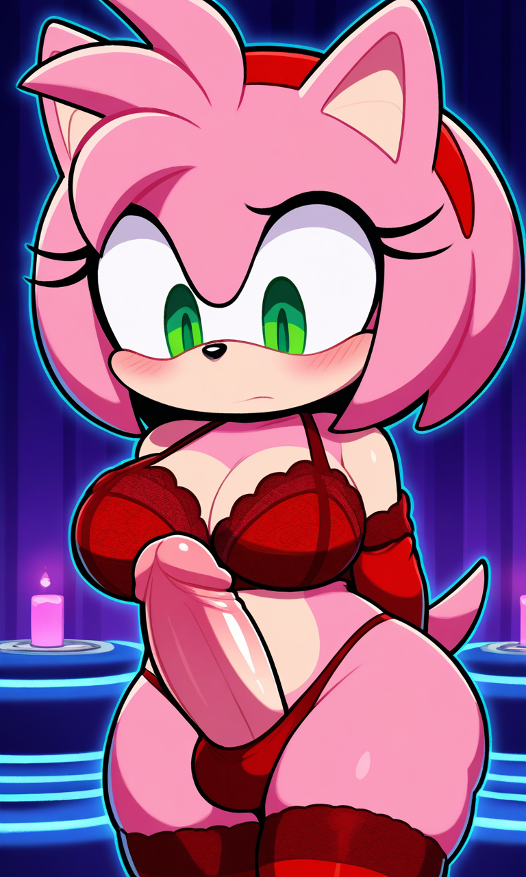 ai_generated amy_rose armwear big_breasts futa_only futanari legwear lingerie only_futa pixai red_armwear red_legwear red_lingerie red_thighhighs sonic_(series) sonic_the_hedgehog_(series) thighhighs wide_hips