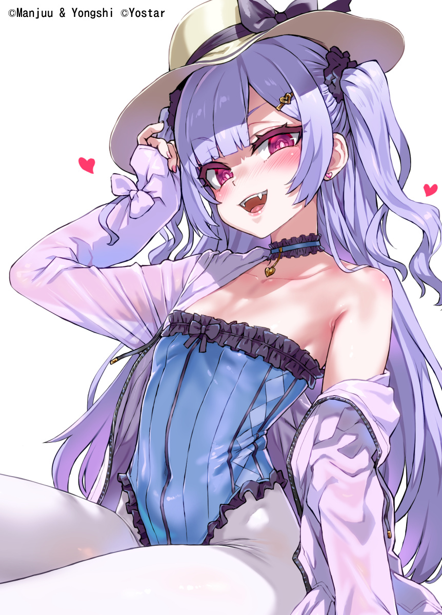 asanagi bowtie_on_head choker fangs looking_at_viewer necklace purple_hair red_eyes small_breasts smirking_at_viewer sun_hat swimsuit