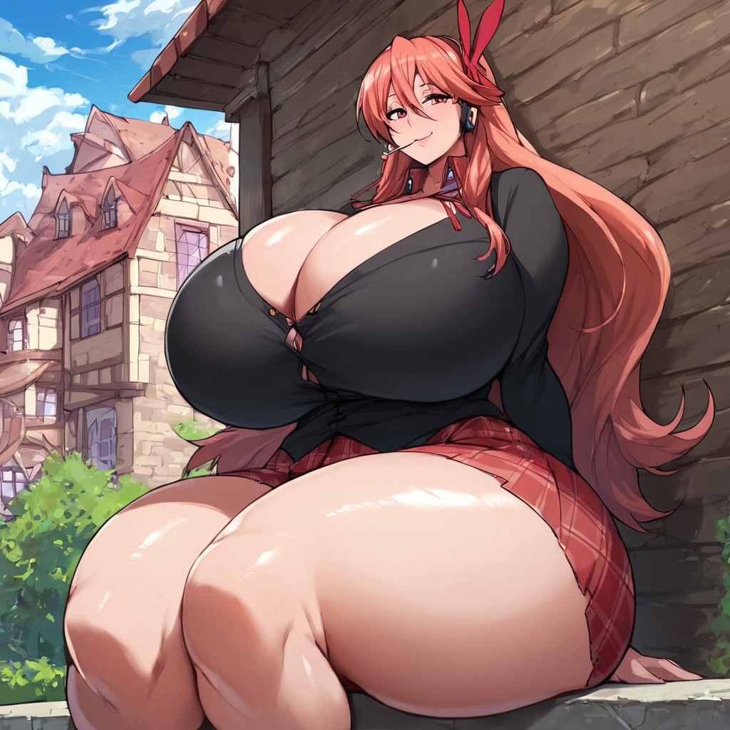 ai_generated akame_ga_kill! ass big_ass big_breasts breasts bursting_breasts chelsea_(akame_ga_kill!) clothing enormous_ass enormous_breasts female female_only giant_ass giant_breasts huge_ass huge_breasts large_ass large_breasts light-skinned_female light_skin long_hair looking_at_viewer looking_back lovermam massive_ass massive_breasts massive_thighs orange_hair pink_hair salmon_hair skirt thick thick_ass thick_legs thick_thighs wide_hips