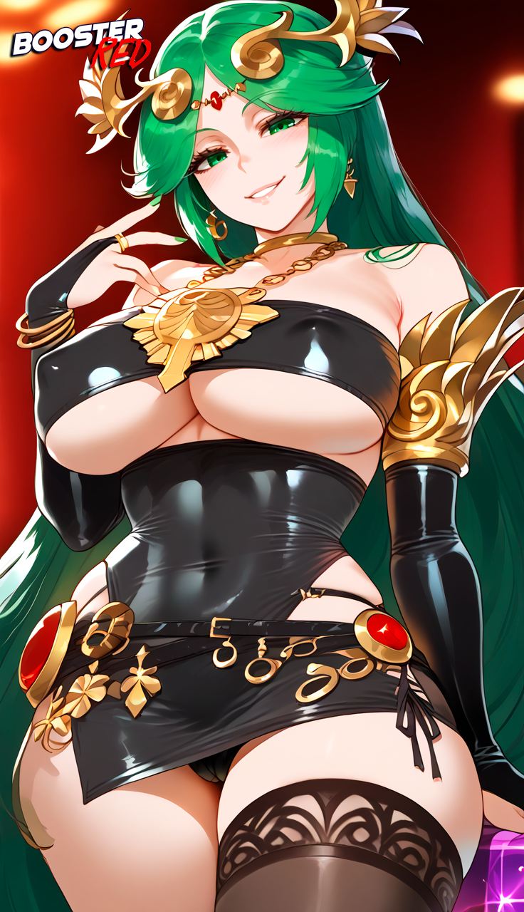 1girls adjusting_panties ai_generated bare_shoulder bodycon boosterred99 bridal_gauntlets cameltoe cleavage clothing_cutout covered_navel covered_nipples cutout dress female female_only green_eyes green_hair jewelry kid_icarus kid_icarus_uprising large_breasts latex_panties long_hair nintendo palutena palutena_(cosplay) post-timeskip ring seductive_smile shiny_clothes side-tie_panties side_locks sideboob skirt solo stockings tiara underboob wavy_hair