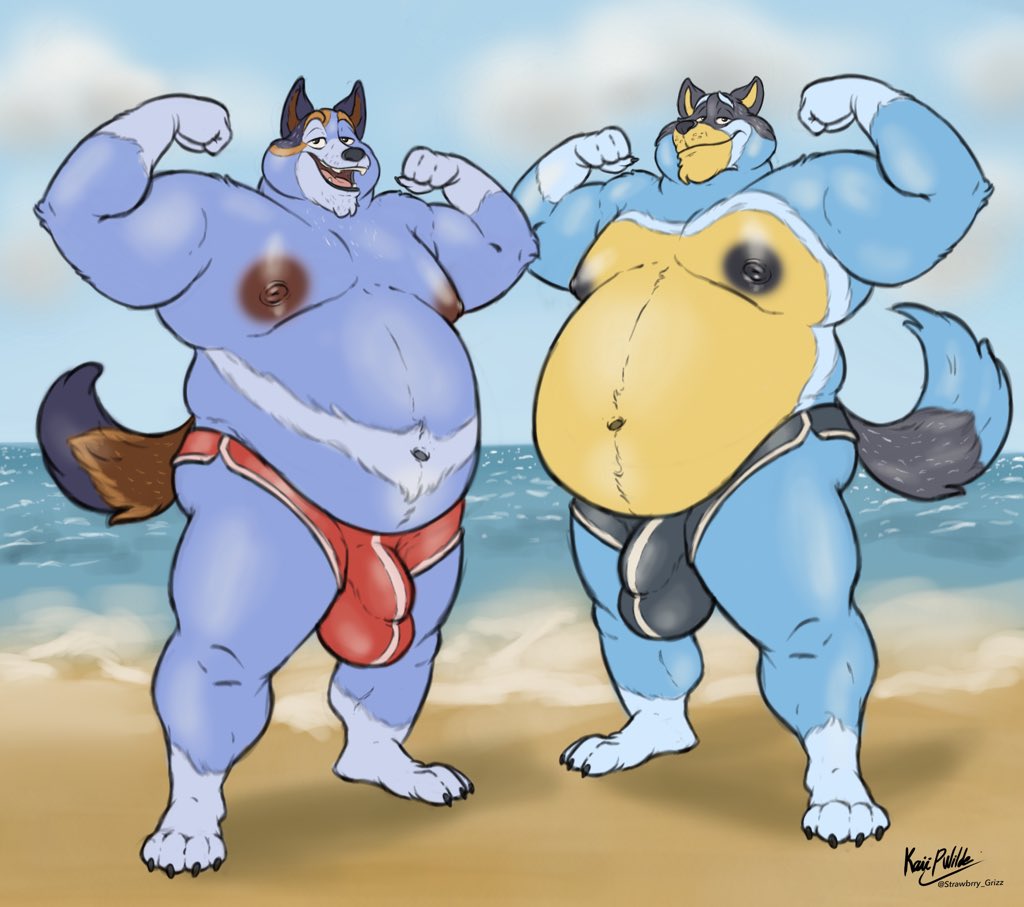 2024 anthro areola australian_cattle_dog bandit_heeler barefoot beach belly belly_overhang big_areola big_belly big_bulge big_moobs bluey_(series) brother_(lore) brothers_(lore) bulge canid canine canis cattledog claws clothed clothing cloud day detailed_bulge domestic_dog duo eyebrows feet flexing fur herding_dog huge_belly huge_bulge husky2paws looking_at_viewer male mammal moobs narrowed_eyes navel nipples obese obese_anthro obese_male open_mouth open_smile outside overweight overweight_anthro overweight_male pastoral_dog plantigrade sand sibling_(lore) signature sky smile speedo standing stripe_heeler swimwear topless topless_anthro topless_male tuft water