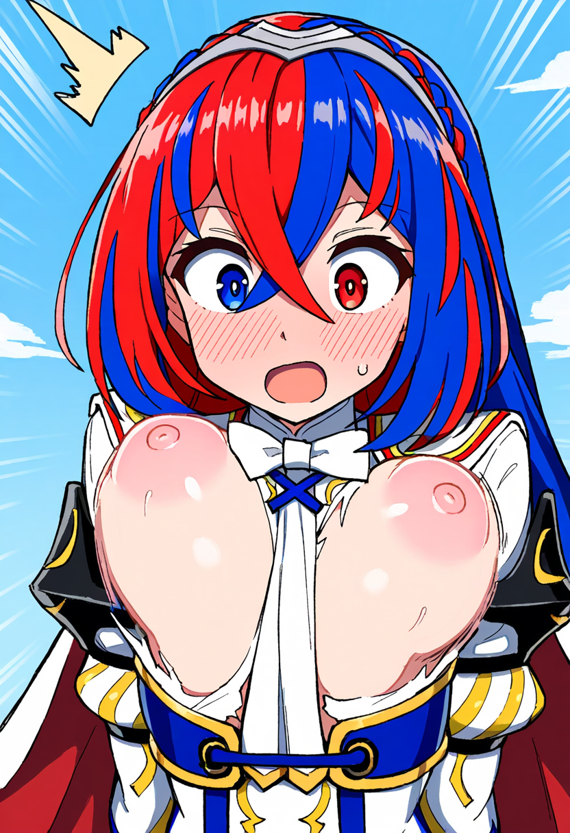 1girls ai_generated alear_(female)_(fire_emblem) alear_(fire_emblem) bangs blue_eyes blue_hair blush breasts crossed_bangs embarrassed fire_emblem fire_emblem_engage large_breasts multicolored_hair nintendo nipples novelai open_mouth red_eyes red_hair self_upload surprised tiara topless torn_clothes