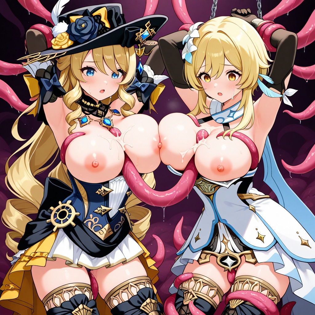 2girls ai_generated blonde_hair blowjob blue_eyes bondage boobjob breasts breasts_out bukkake chained chains cooperative_paizuri cum cum_on_breasts double_paizuri fellatio female flower flower_in_hair genshin_impact hair hat long_hair lumine_(genshin_impact) multiple_paizuri navia_(genshin_impact) oral paizuri restrained ripped_clothing submissive submissive_female tentacle tentacle_bondage titjob vaginal_penetration yellow_eyes