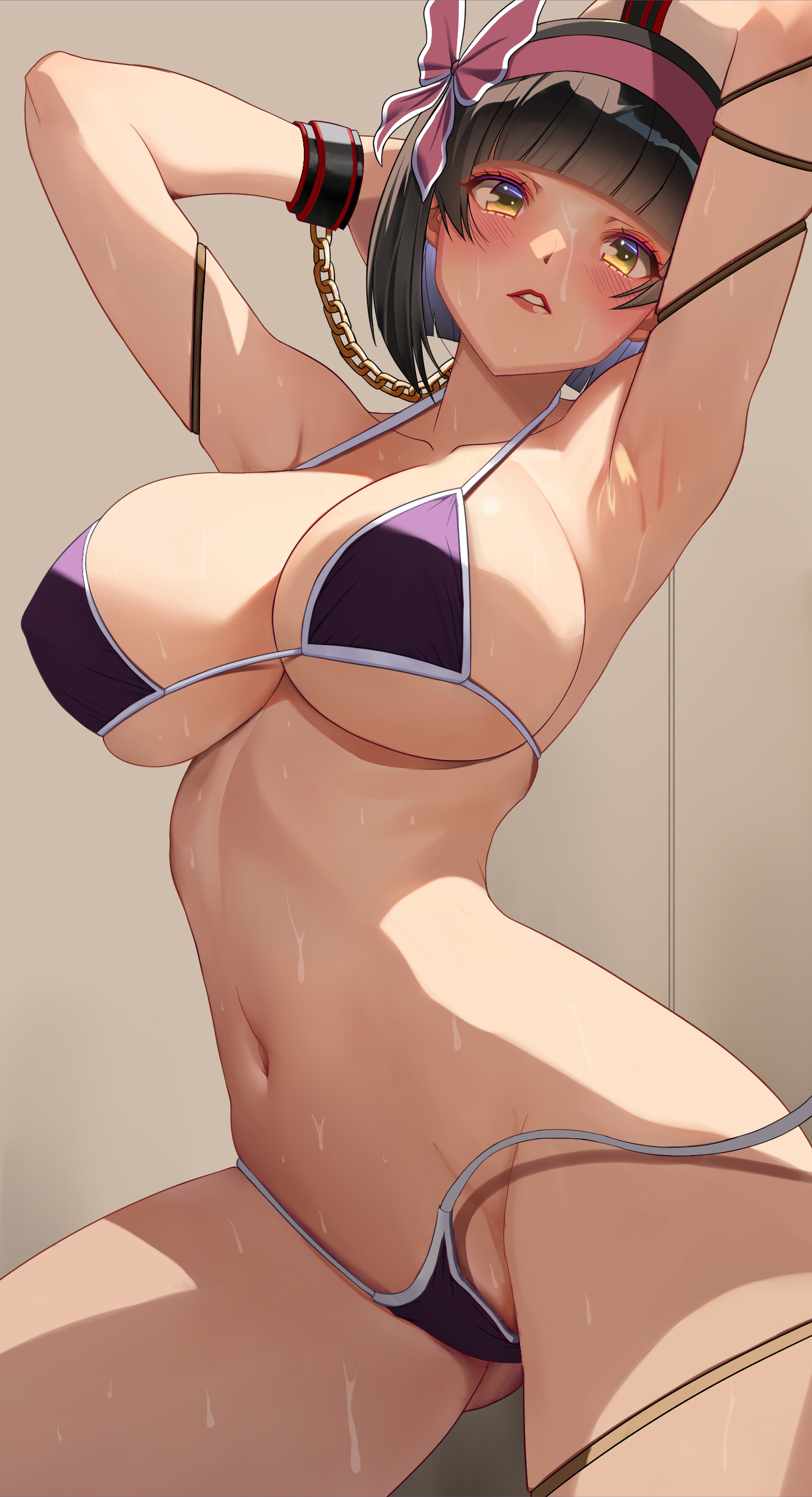 1girls, absurdres, akihiro0920, alternate costume, armpits, arms up, ass visible through thighs, bikini, black hair, blunt bangs, bracer, breasts, brown eyes, chain, chains, commentary request, covered erect nipples, covered nipples, female, hair ribbon, hairband, highres, large breasts, lips, micro bikini, mio (tsuki ga michibiku isekai douchuu), navel, parted lips, presenting armpit, purple bikini, ribbon, short hair, sideboob, solo, standing, stomach, sweat, swimsuit, teeth, thighs, tsuki ga michibiku isekai douchuu, underboob